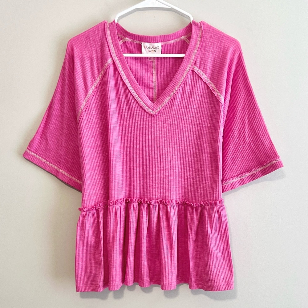 Fantastic Fawn Short Sleeve Ribbed Knit Babydoll Top